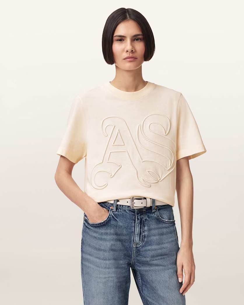 AllSaints Lisa Embossed Crew Neck T Shirt Women's Pebble White Women's