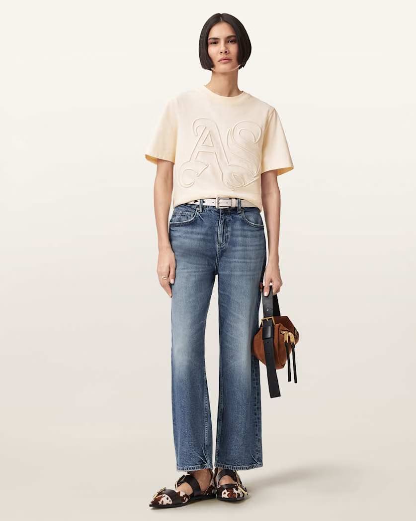 AllSaints Lisa Embossed Crew Neck T Shirt Women's Pebble White Women's