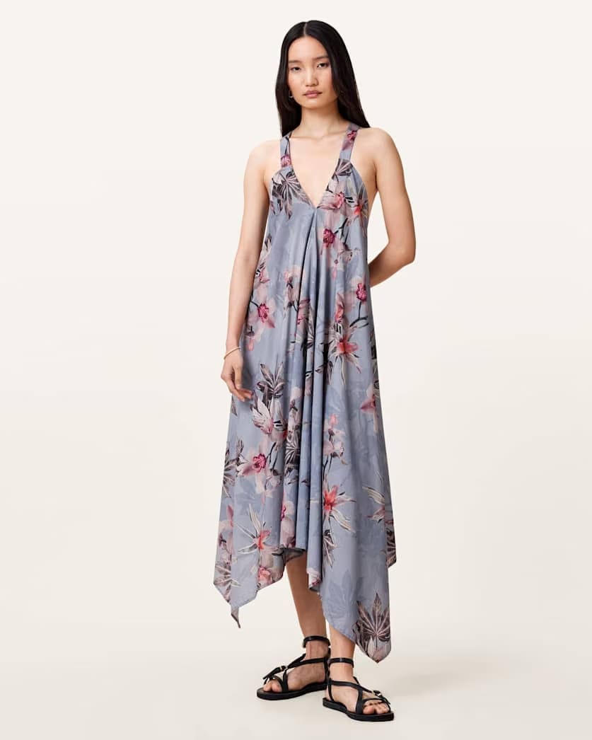 AllSaints Lil Asymmetric Floral Print Midi Dress Women's Adena Dusty Blue Women's