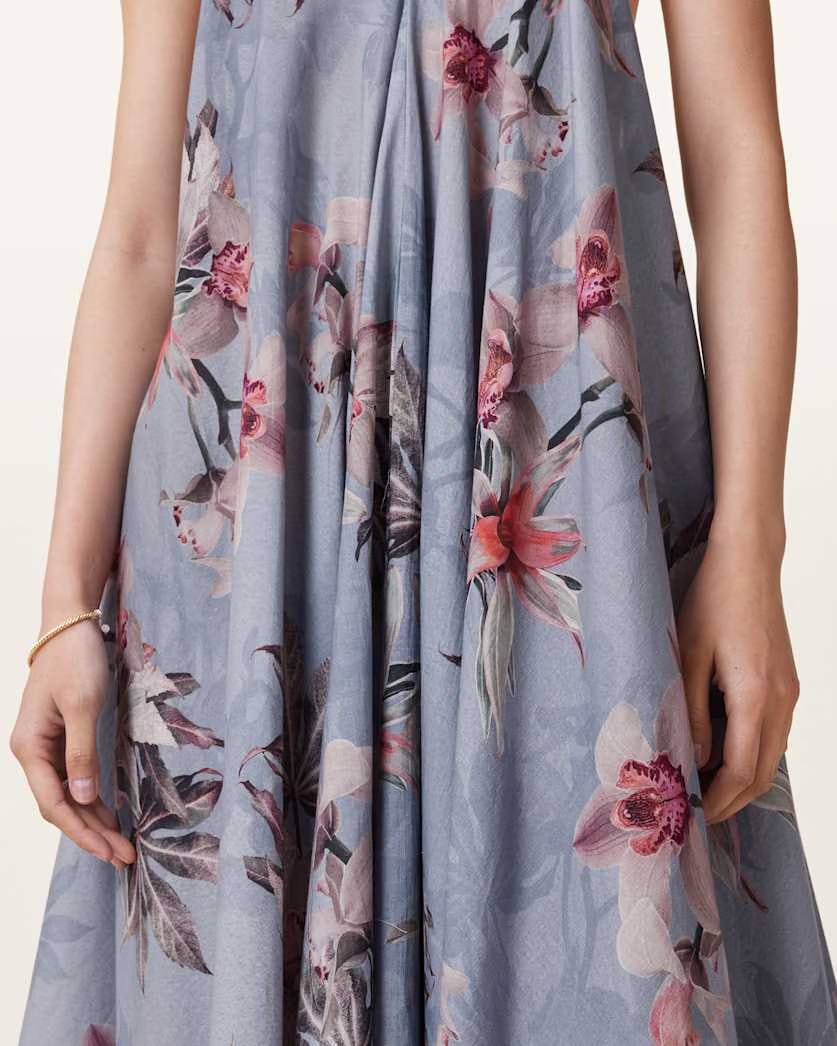 AllSaints Lil Asymmetric Floral Print Midi Dress Women's Adena Dusty Blue Women's