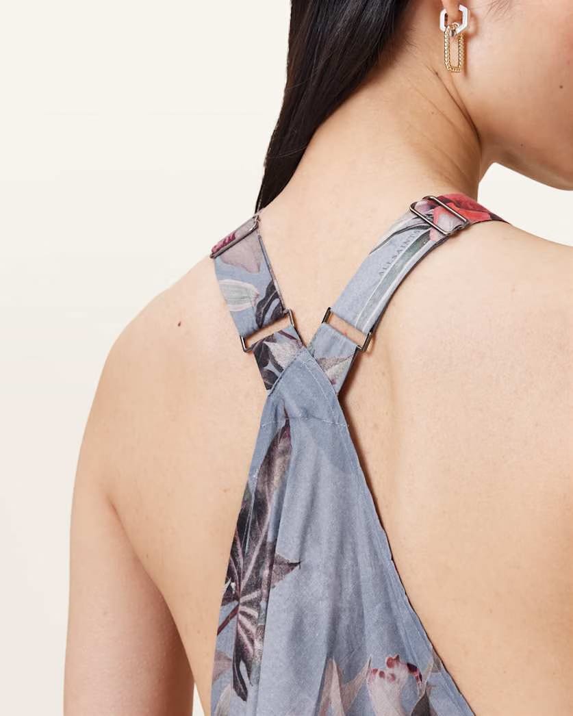 AllSaints Lil Asymmetric Floral Print Midi Dress Women's Adena Dusty Blue Women's