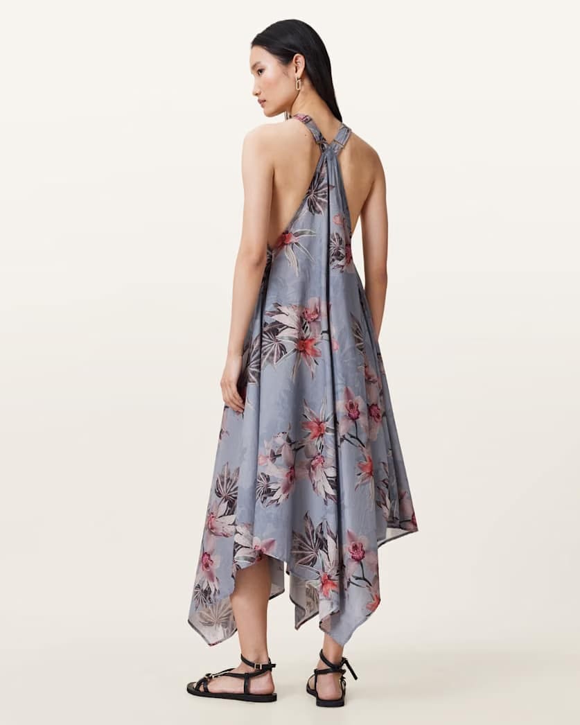 AllSaints Lil Asymmetric Floral Print Midi Dress Women's Adena Dusty Blue Women's