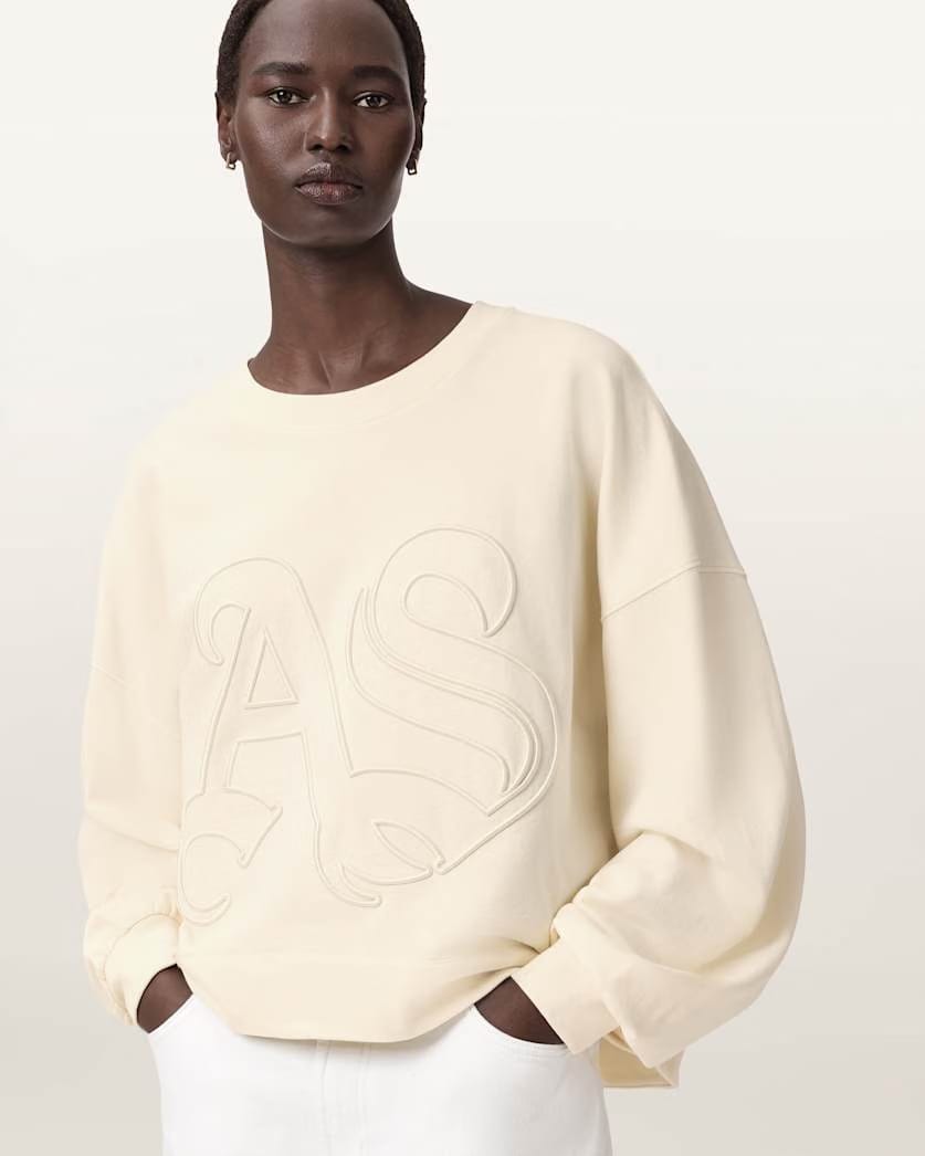 AllSaints Lila Embroidered Oversized Sweatshirt Women's Pebble White Women's