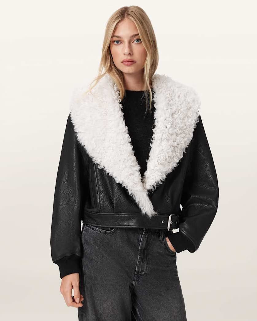 AllSaints Libra Shearling Jacket Women's Black/Off White Women's