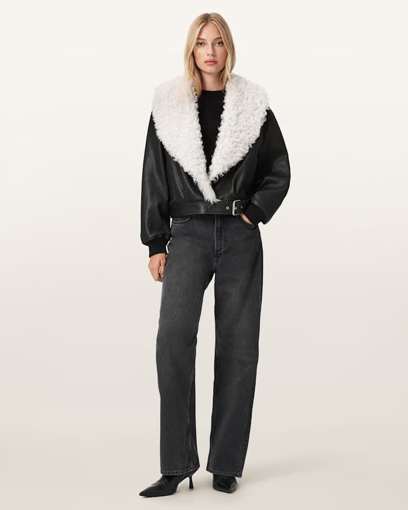 AllSaints Libra Shearling Jacket Women's Black/Off White Women's