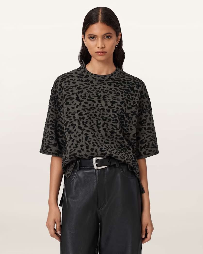 AllSaints Lenny Leopard Print Wool T Shirt Women's Khaki Brown Women's