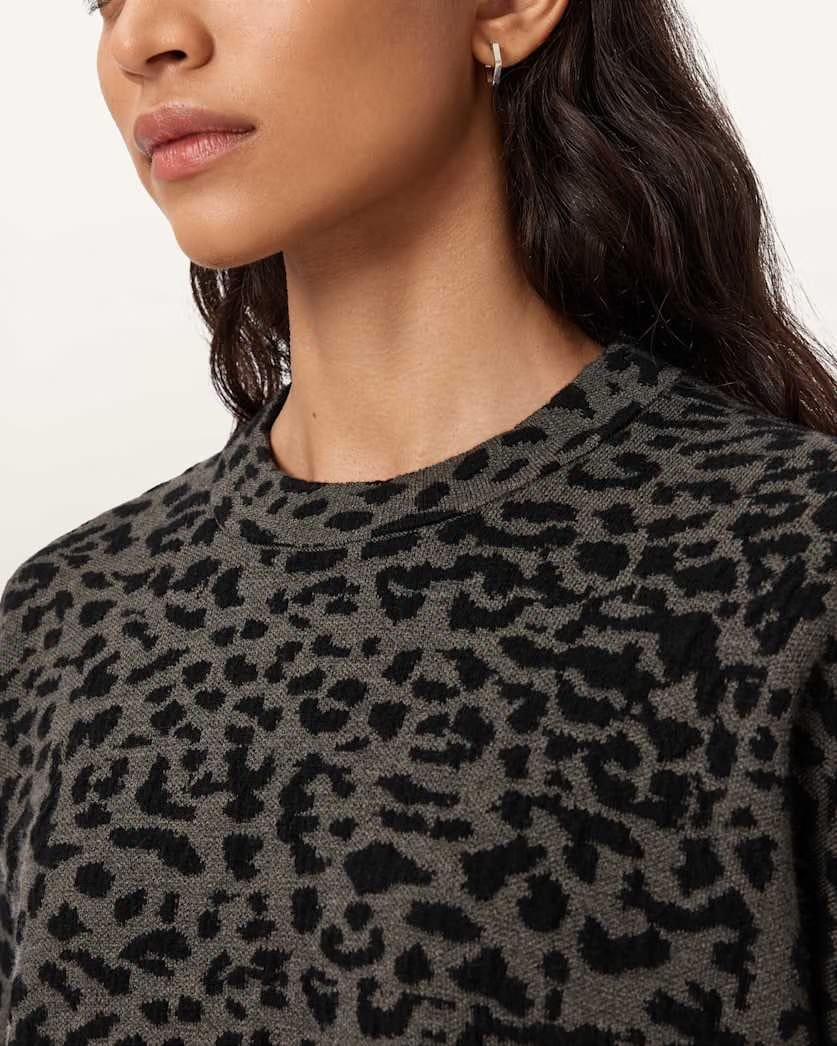AllSaints Lenny Leopard Print Wool T Shirt Women's Khaki Brown Women's