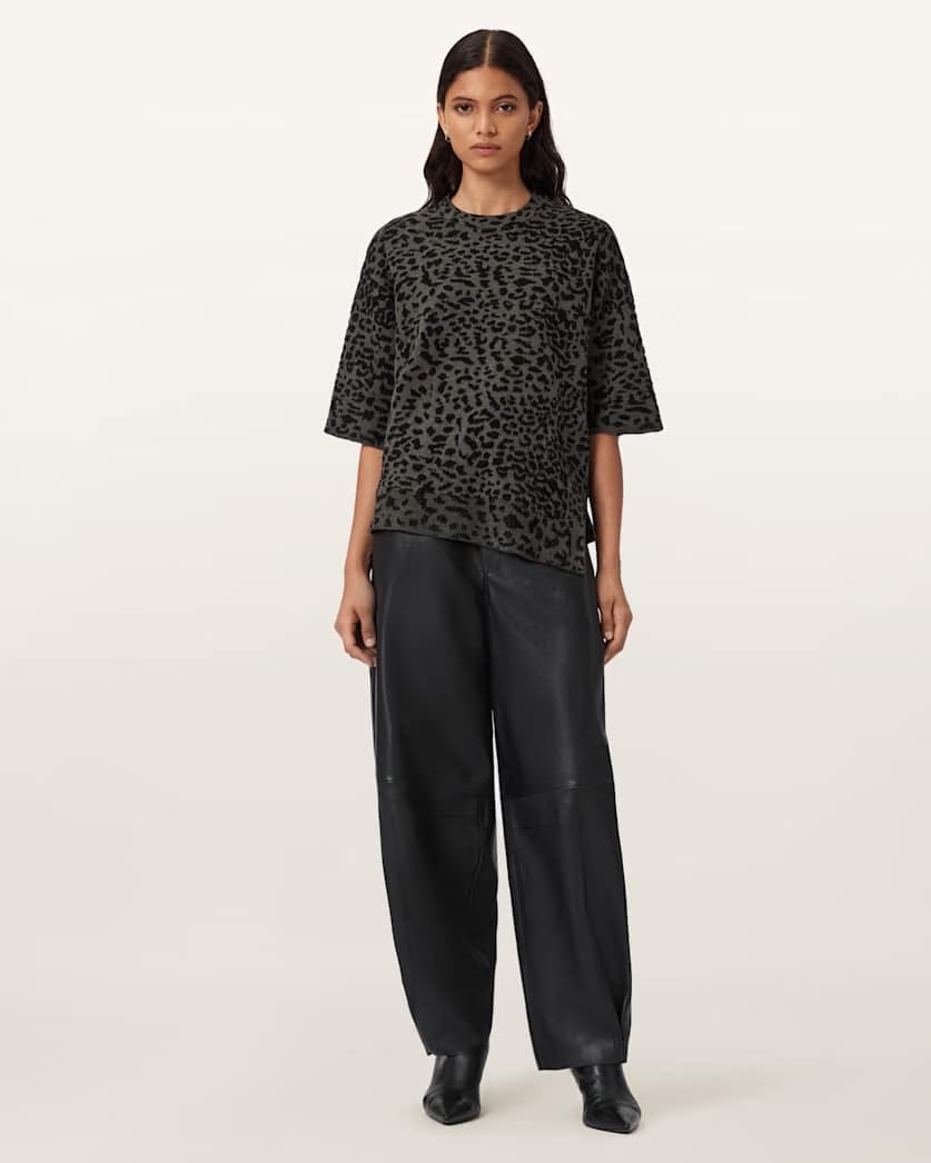 AllSaints Lenny Leopard Print Wool T Shirt Women's Khaki Brown Women's