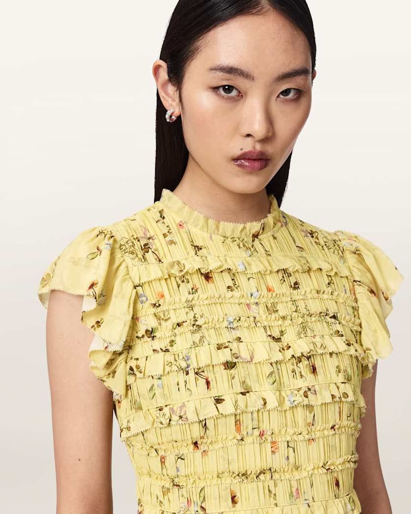 AllSaints Lauren Floral Ruffle Mini Dress Women's Carmel Pale Yellow Women's