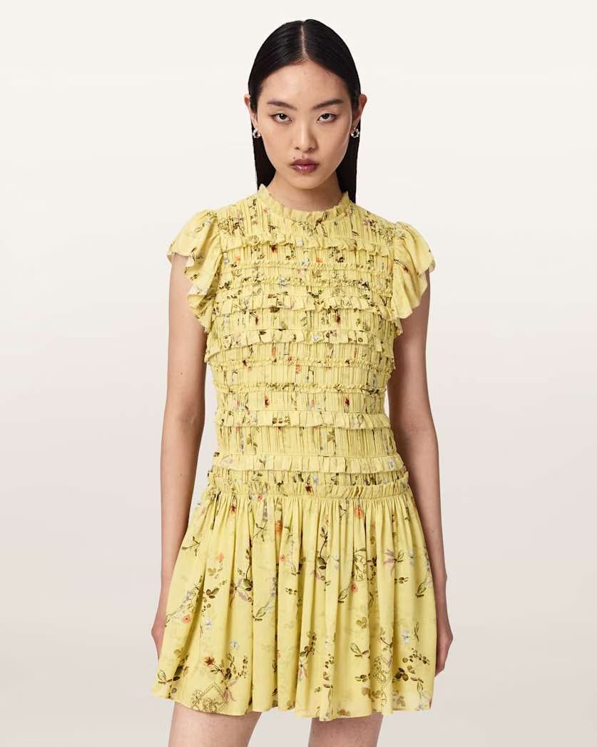 AllSaints Lauren Floral Ruffle Mini Dress Women's Carmel Pale Yellow Women's