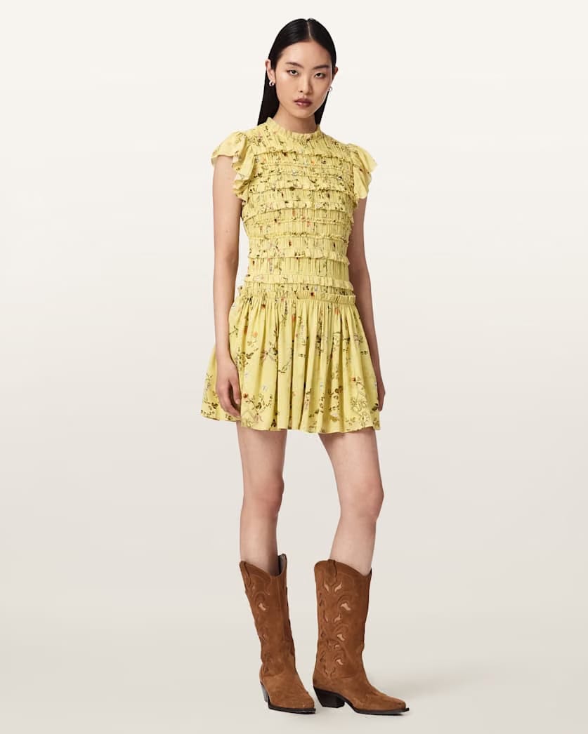AllSaints Lauren Floral Ruffle Mini Dress Women's Carmel Pale Yellow Women's