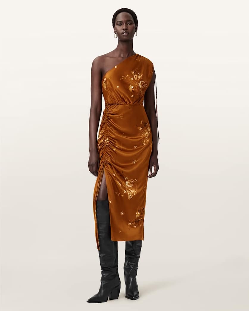AllSaints Laura Midi Dress Women's Ania Rust Brown Women's