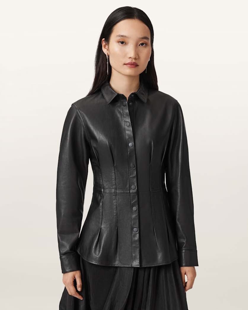 AllSaints Larson Leather Pleated Shirt Women's Black Women's