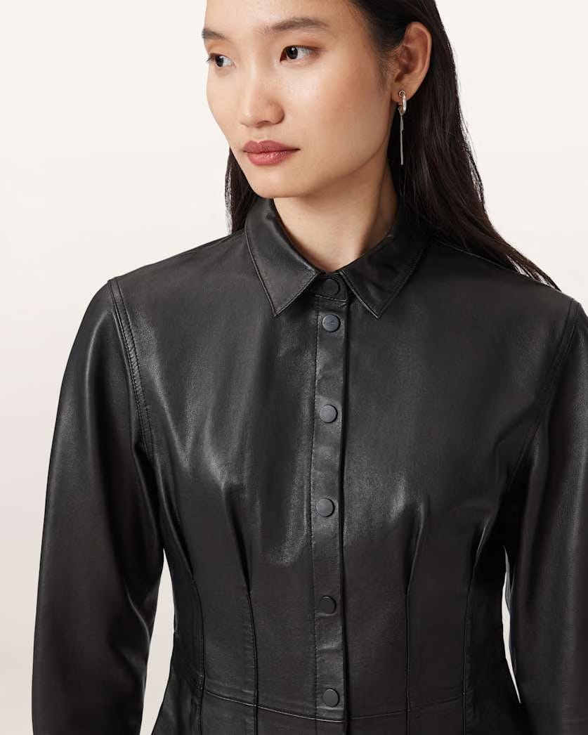 AllSaints Larson Leather Pleated Shirt Women's Black Women's