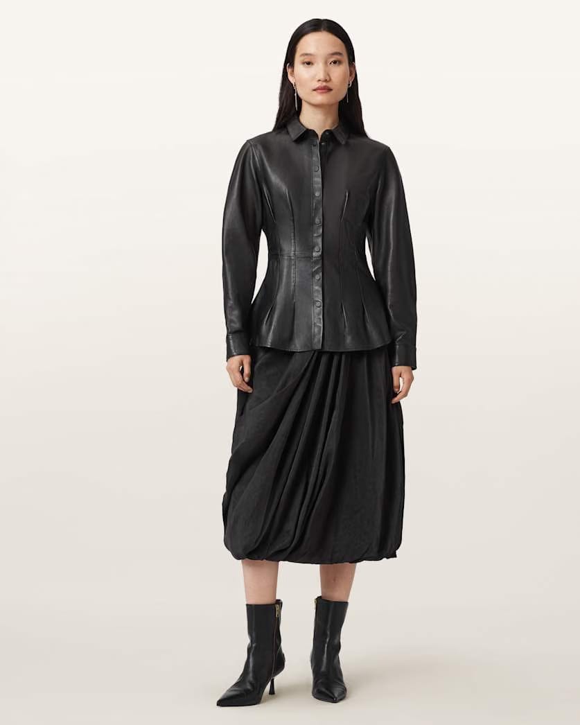 AllSaints Larson Leather Pleated Shirt Women's Black Women's
