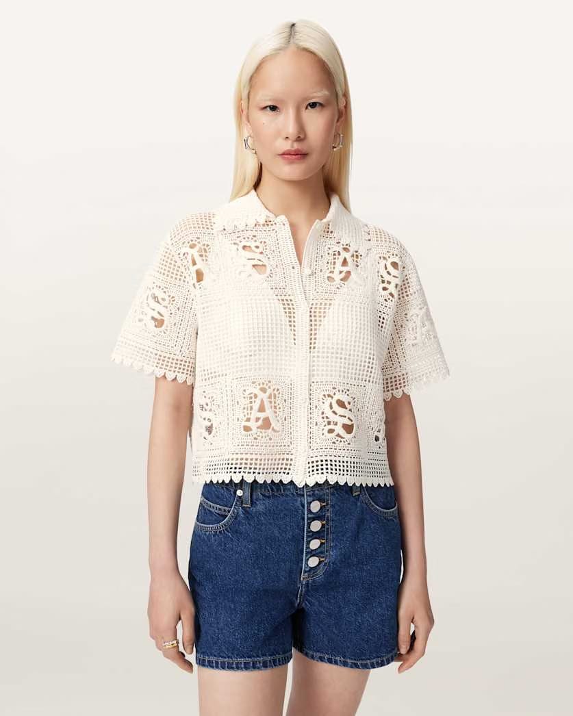 AllSaints Kyra Crochet Cropped Polo Women's Chalk White Women's