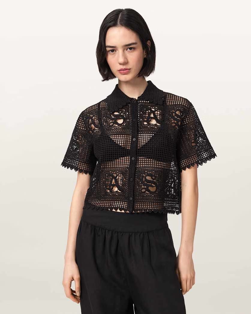 AllSaints Kyra Crochet Cropped Polo T Shirt Women's Black Women's