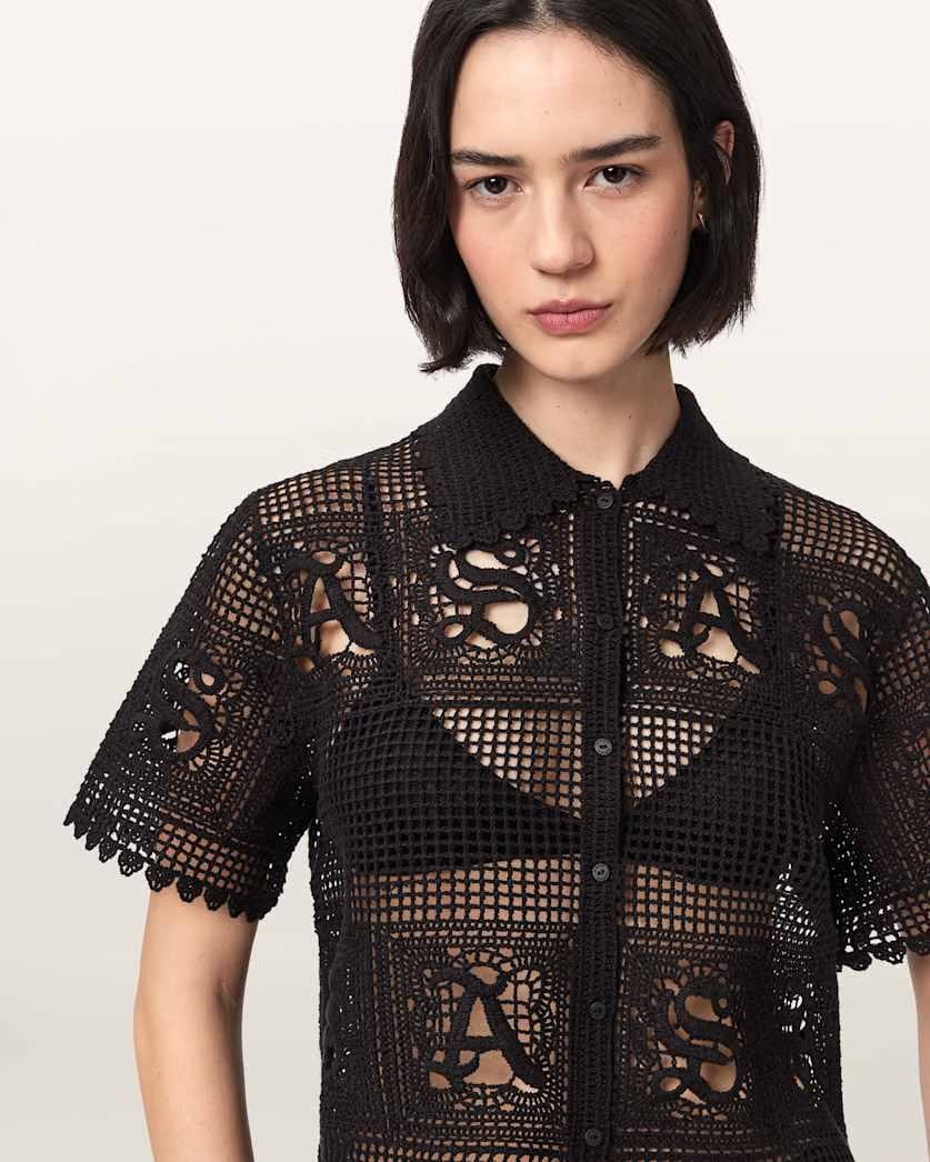 AllSaints Kyra Crochet Cropped Polo T Shirt Women's Black Women's