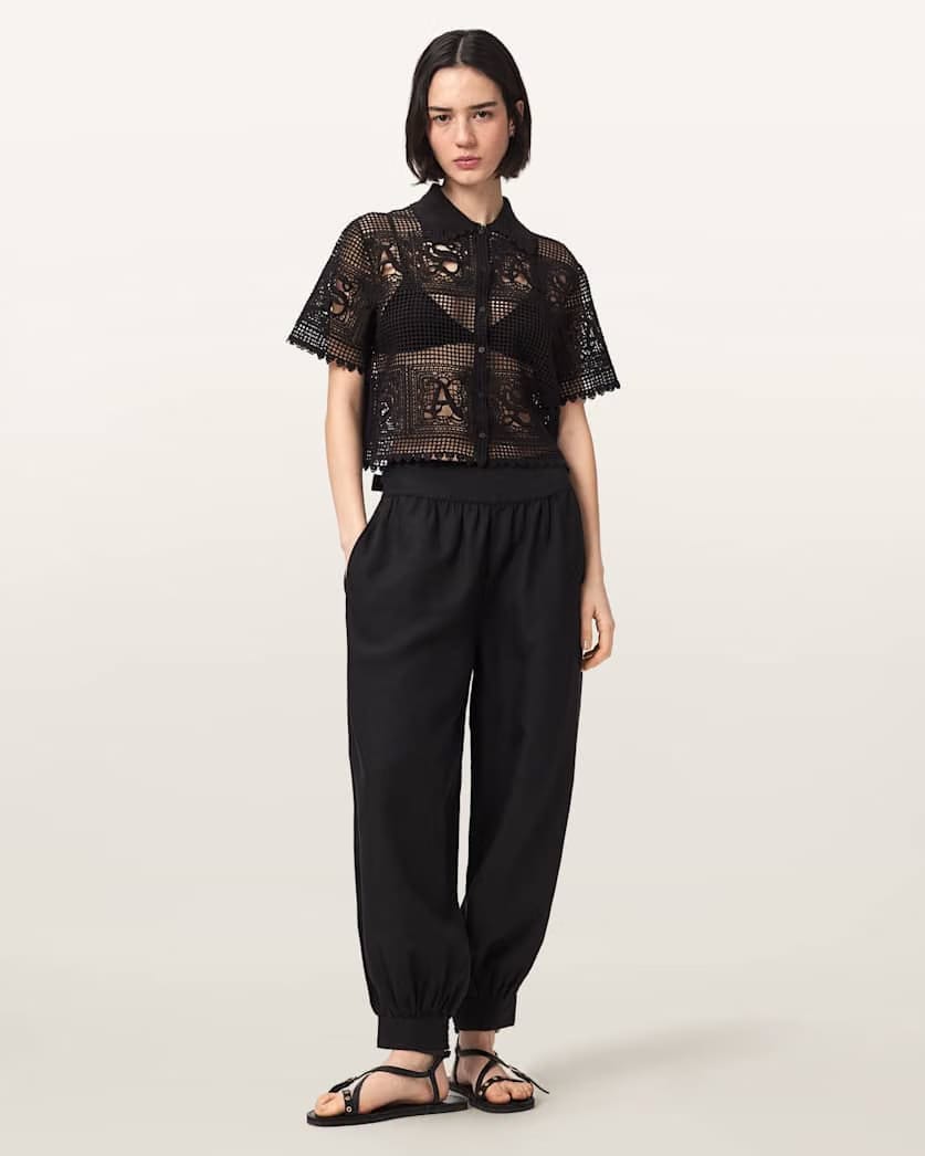 AllSaints Kyra Crochet Cropped Polo T Shirt Women's Black Women's