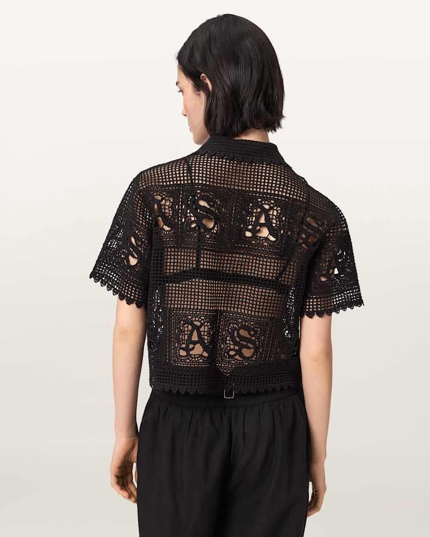 AllSaints Kyra Crochet Cropped Polo T Shirt Women's Black Women's