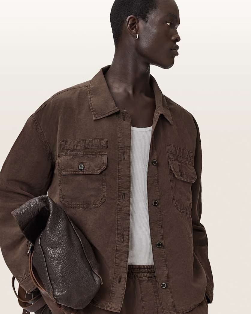 AllSaints Korten Linen Blend Relaxed Fit Shacket Black
