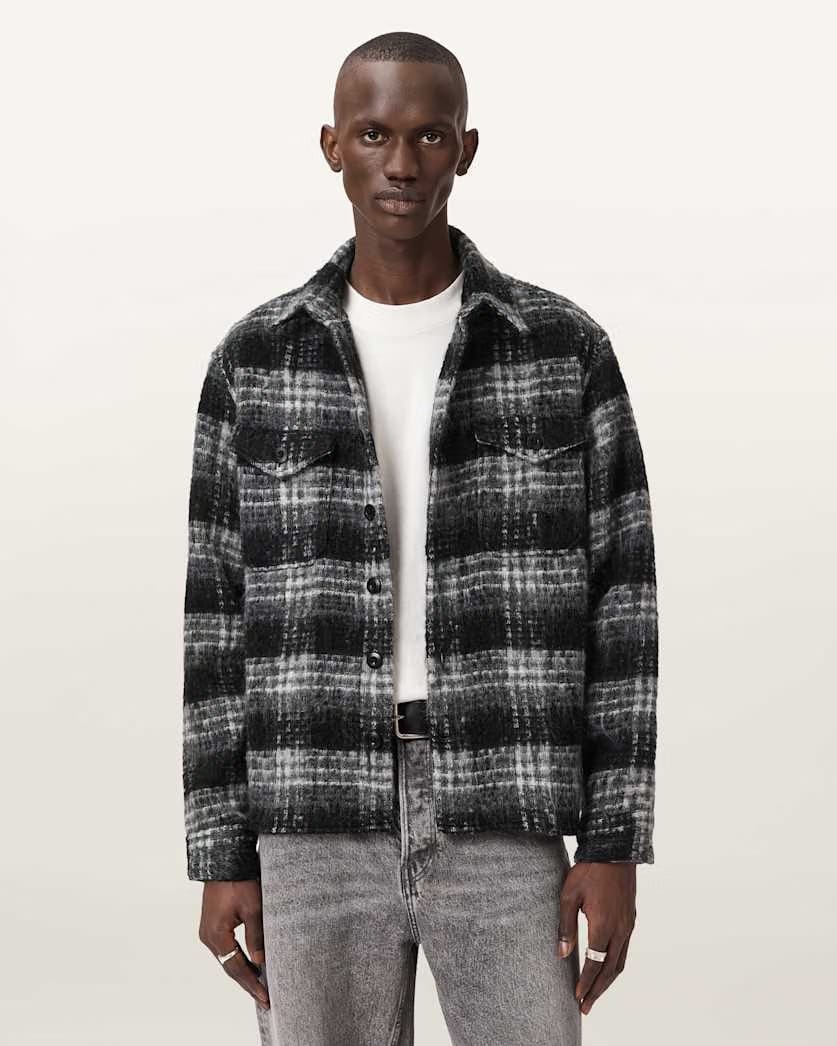 AllSaints Korey Relaxed Fit Check Shirt Black/Charcoal