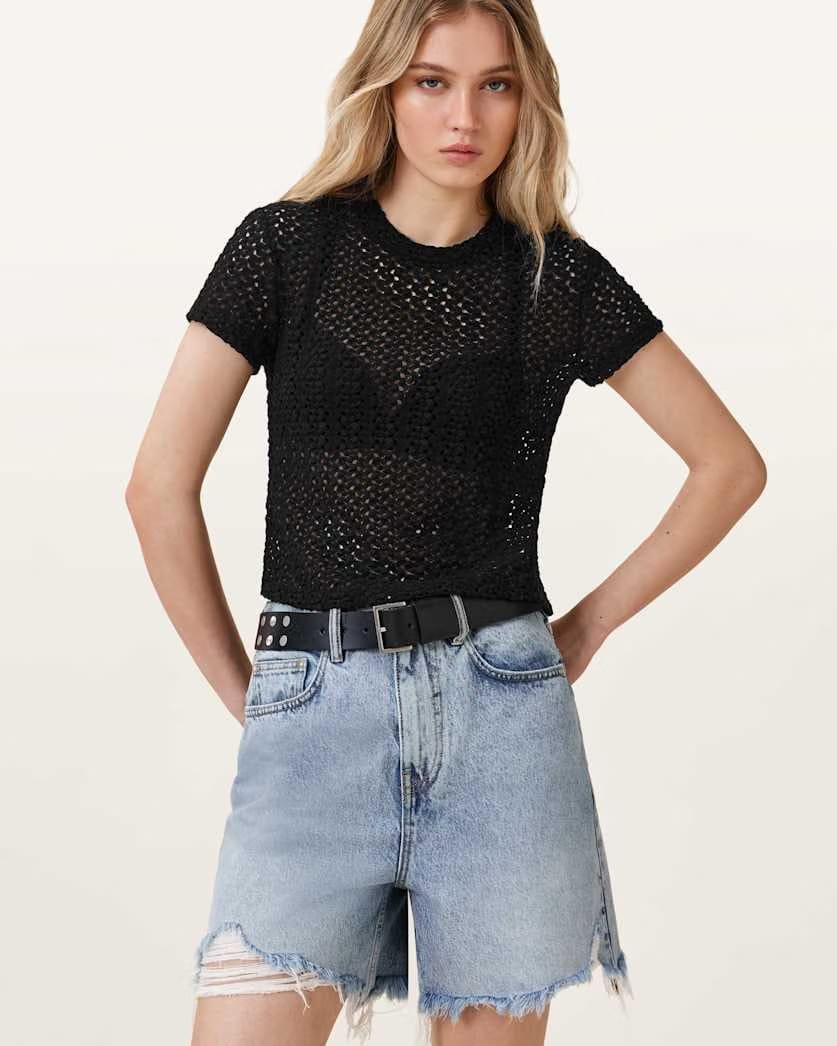 AllSaints Karma Crochet Stevie Slim Fit T Shirt Women's Black Women's