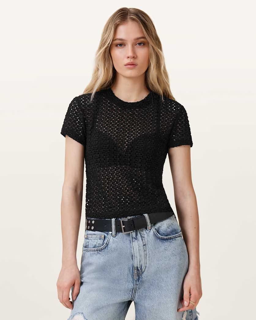 AllSaints Karma Crochet Stevie Slim Fit T Shirt Women's Black Women's