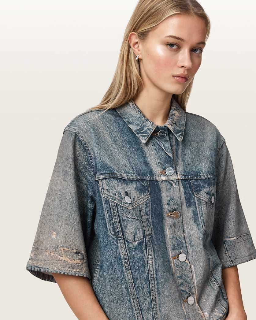 AllSaints Juni Terry Short Sleeve Illusion Of Denim Shirt Women's Illusion Tint Blue Women's