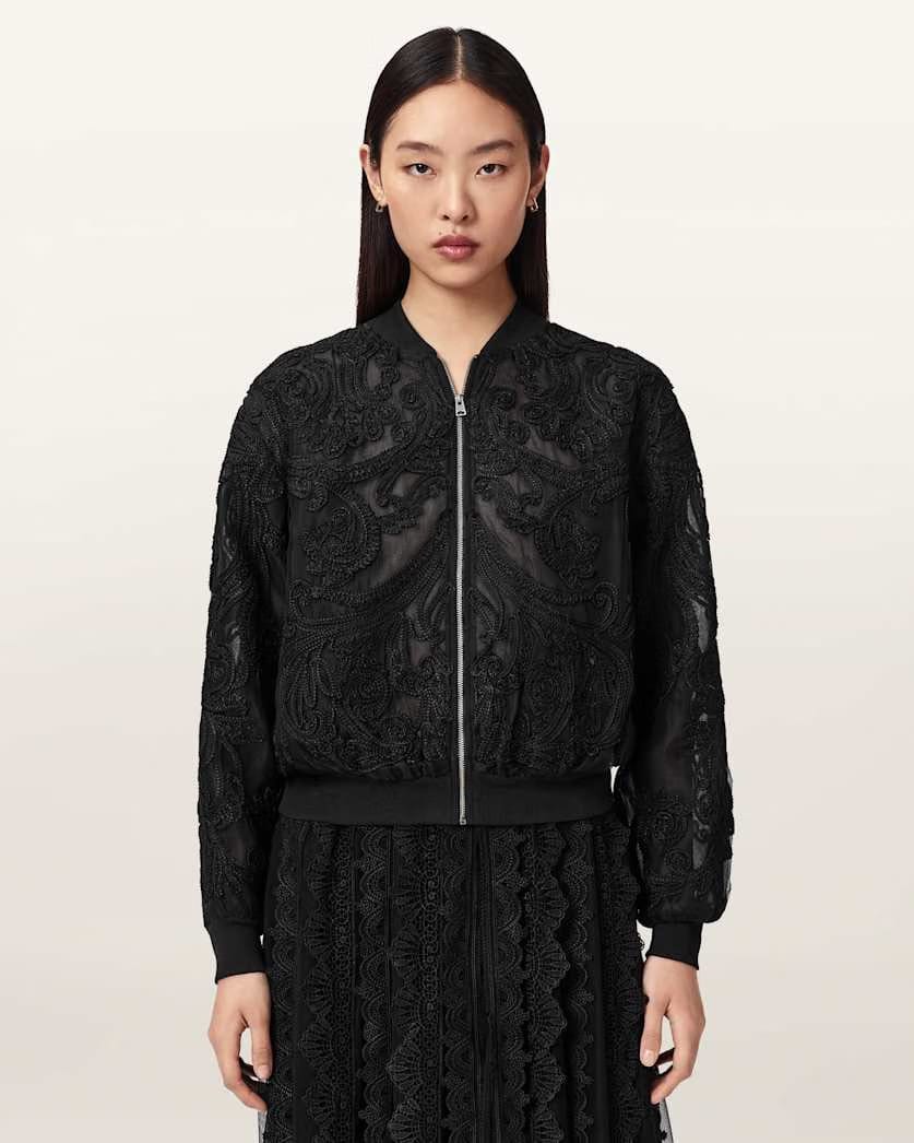 AllSaints Jade Embroidered Bomber Jacket Women's Black Women's