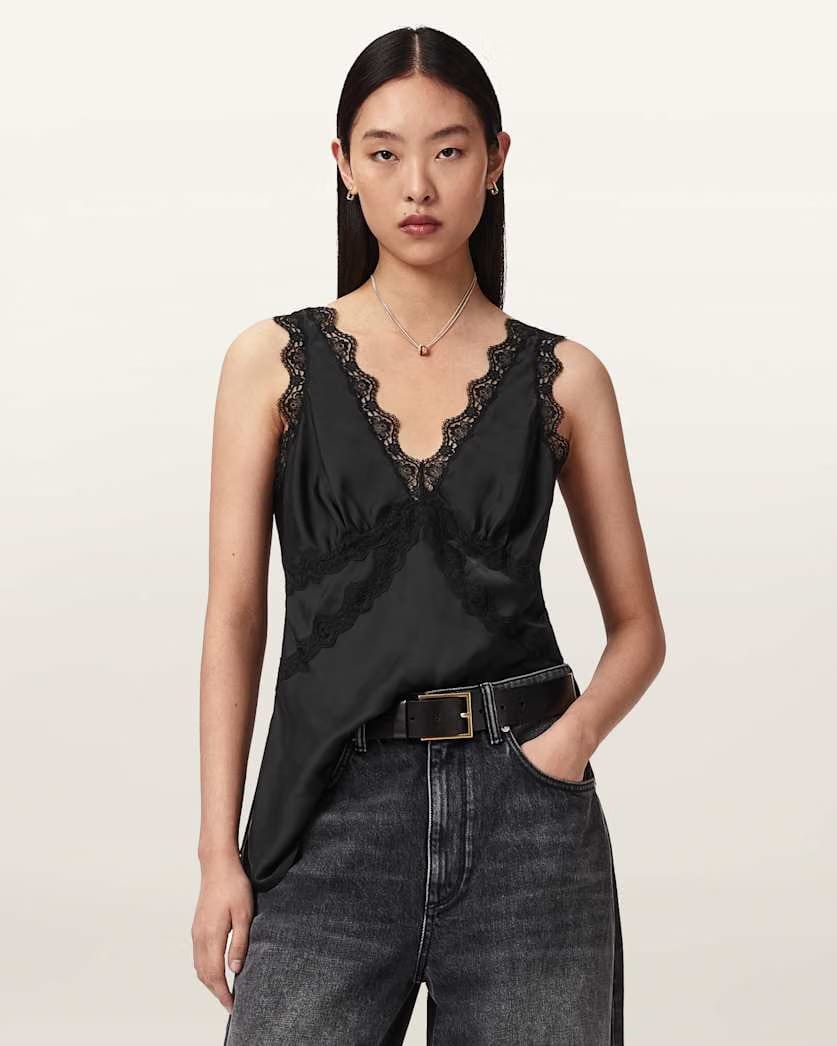 AllSaints Ilka Lace Trim Cami Top Women's Black Women's