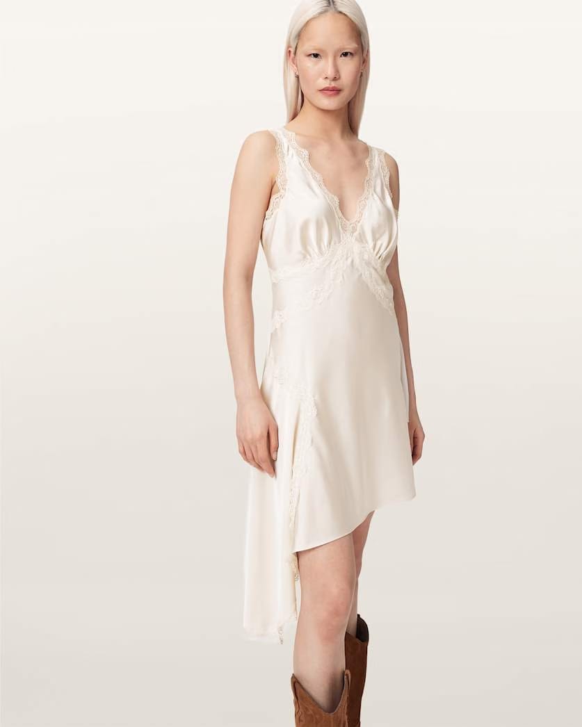AllSaints Ilka Asymmetric Lace Mini Dress Women's Ecru White Women's