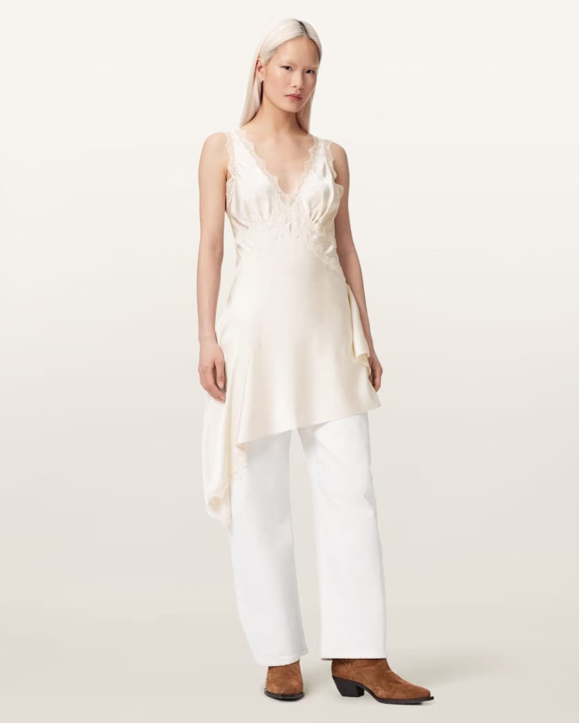 AllSaints Ilka Asymmetric Lace Mini Dress Women's Ecru White Women's