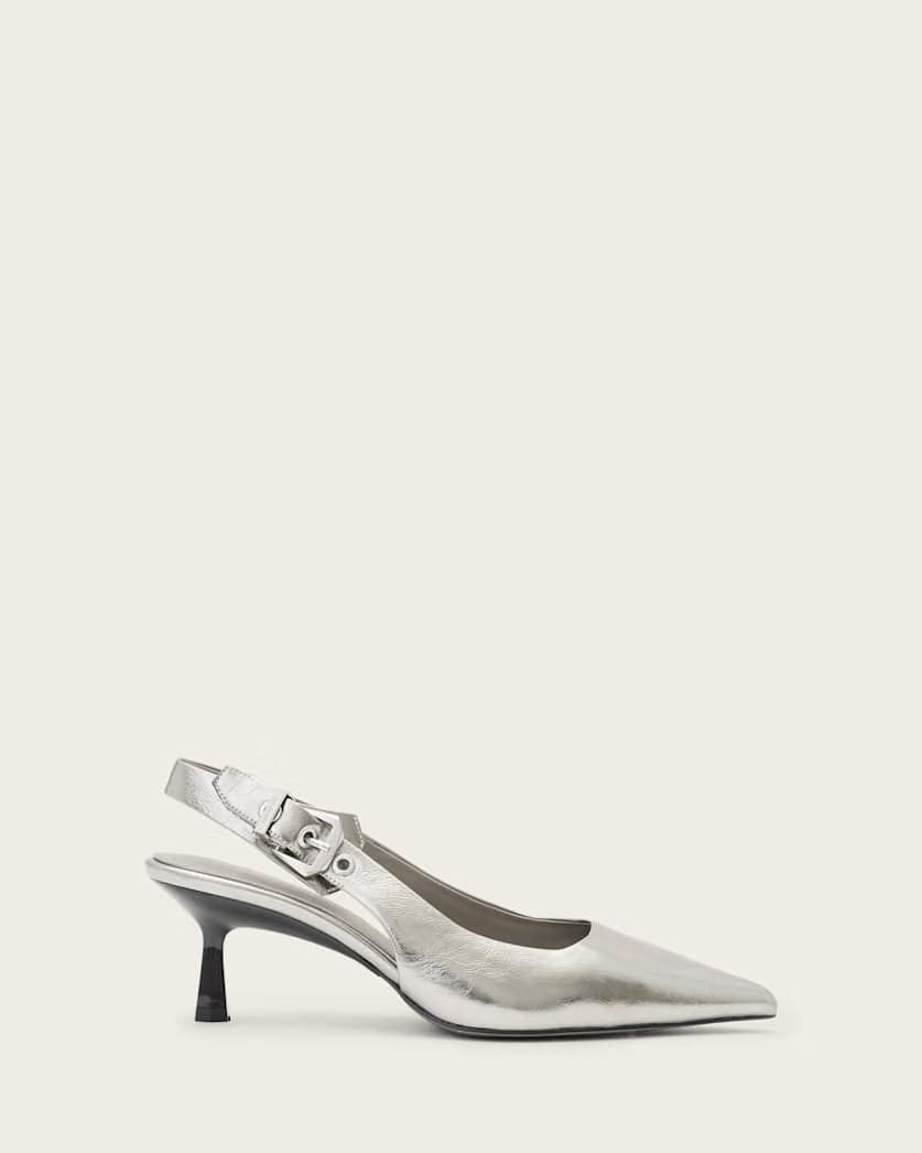 AllSaints Idiya Metallic Leather Slingback Heels Women's Gunmetal Grey Women's