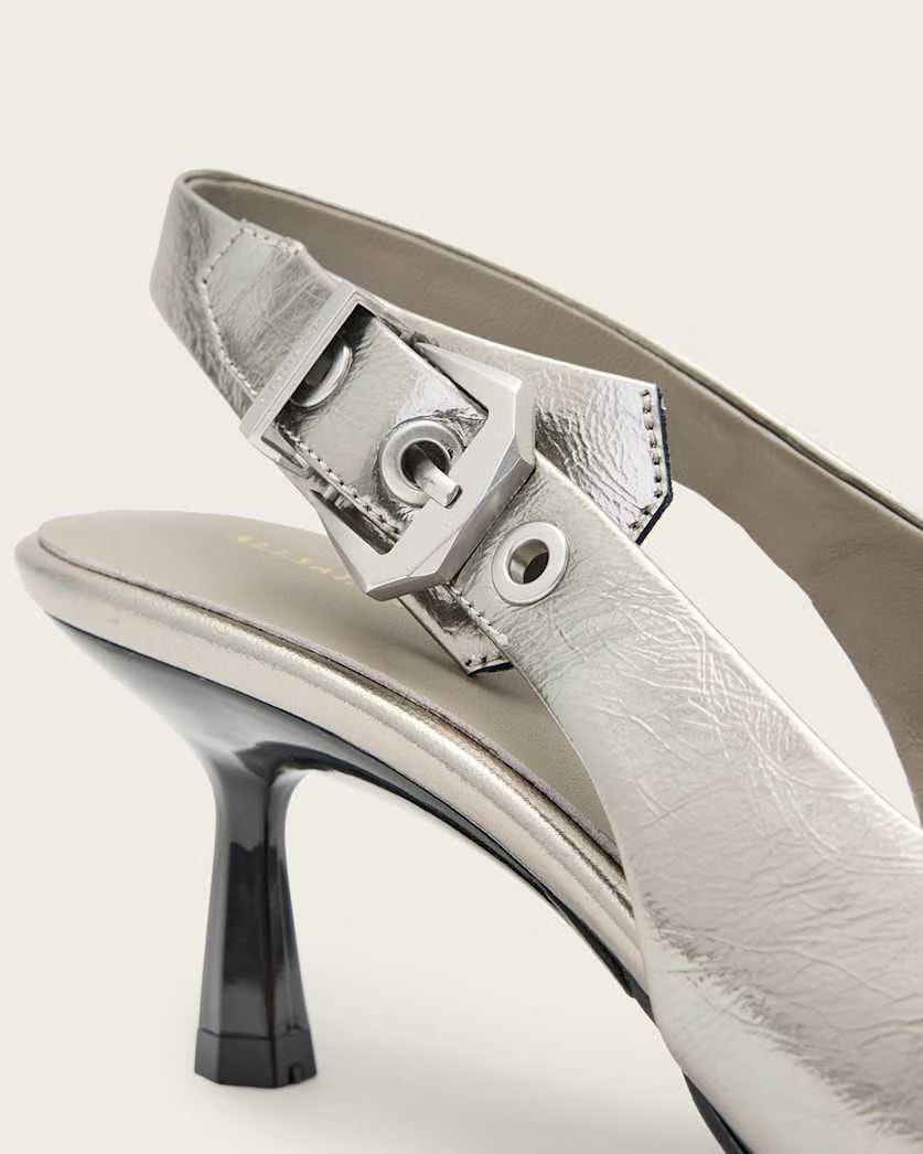 AllSaints Idiya Metallic Leather Slingback Heels Women's Gunmetal Grey Women's