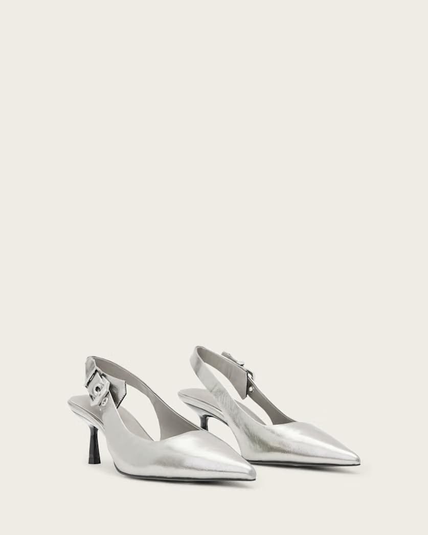 AllSaints Idiya Metallic Leather Slingback Heels Women's Gunmetal Grey Women's