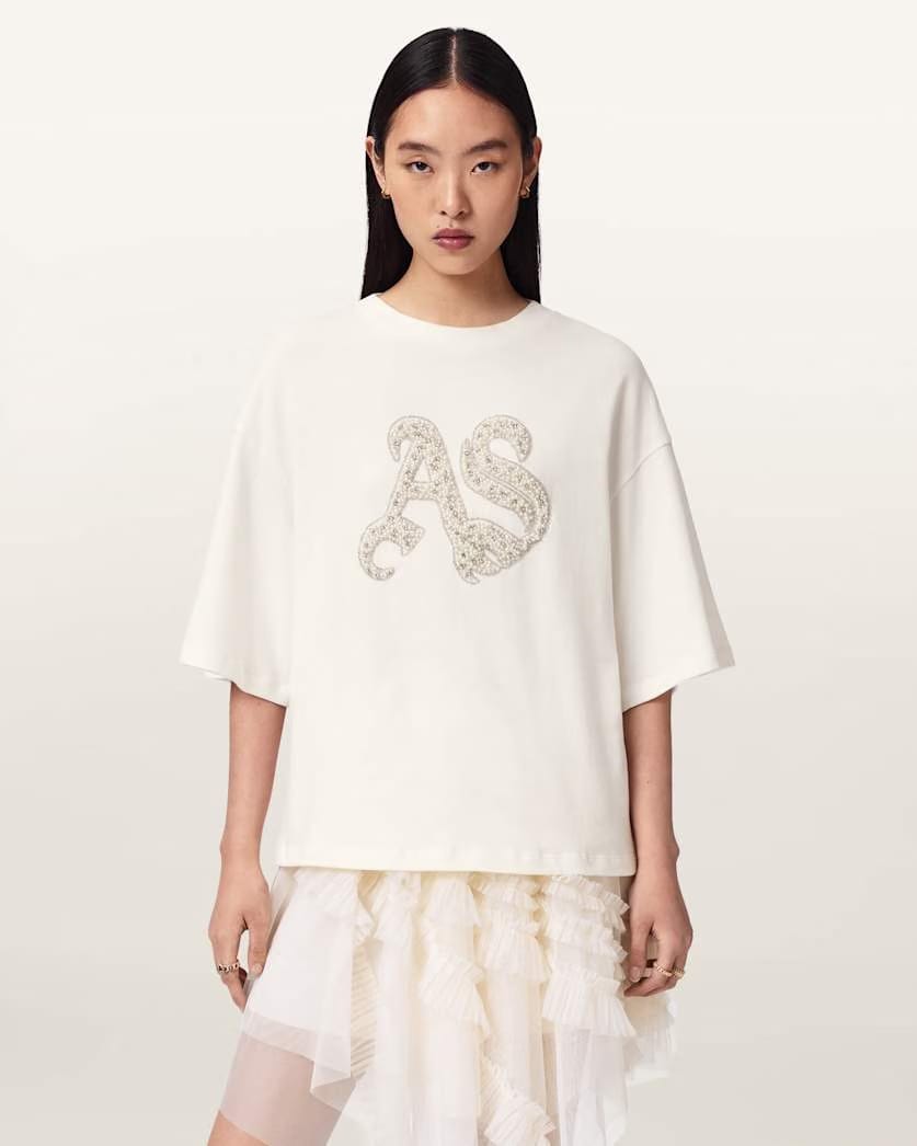 AllSaints Icon Amelie Oversized Embellished T-Shirt Women's Optic White Women's