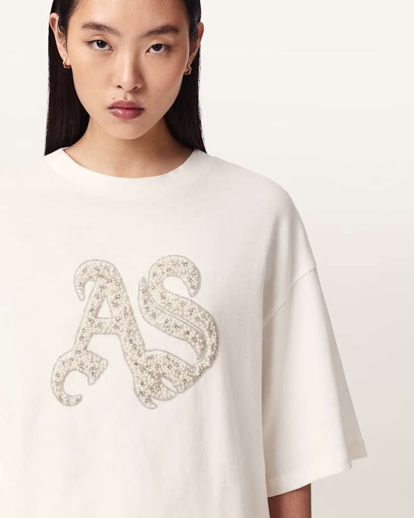 AllSaints Icon Amelie Oversized Embellished T-Shirt Women's Optic White Women's