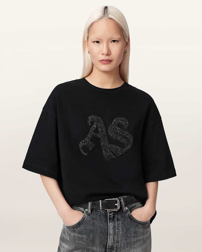 AllSaints Icon Amelie Oversized Embellished T-Shirt Women's Optic White Women's