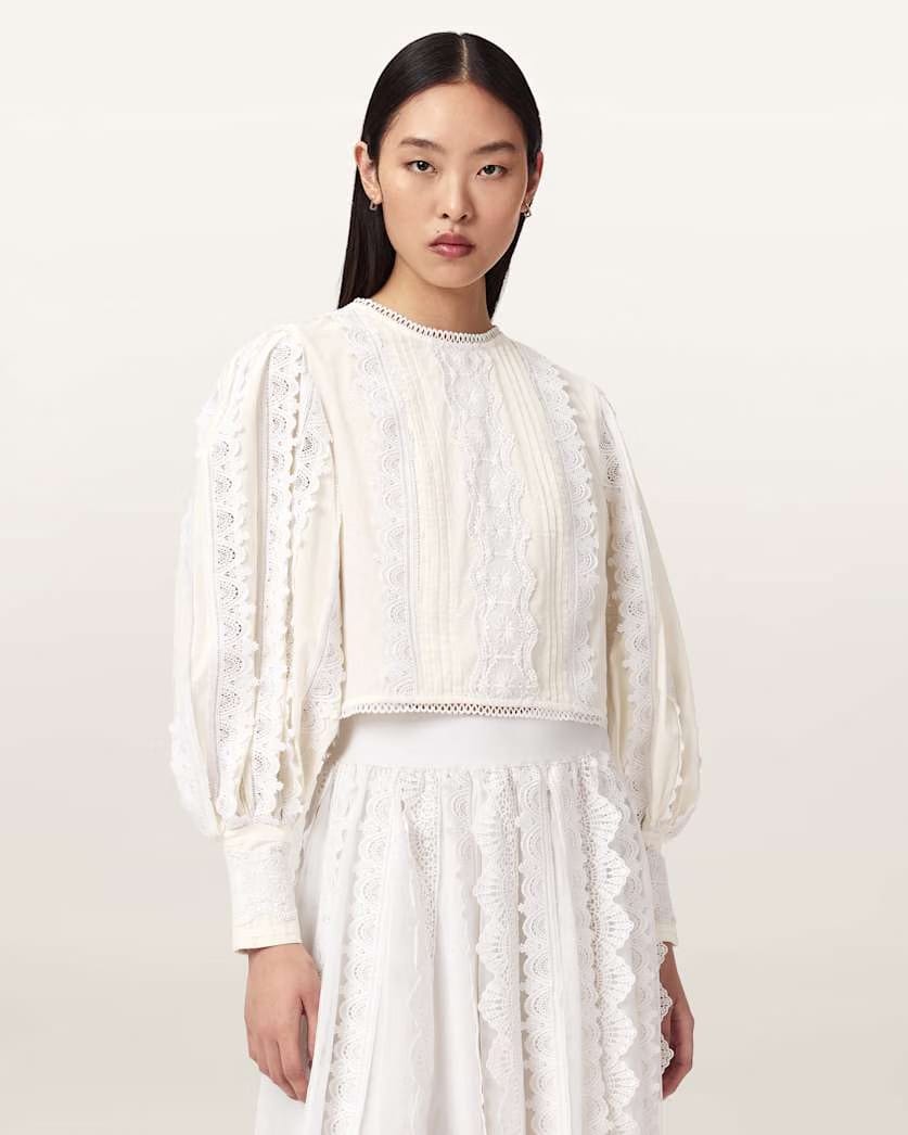 AllSaints Hart Lace Embroidered Top Women's Optic White Women's