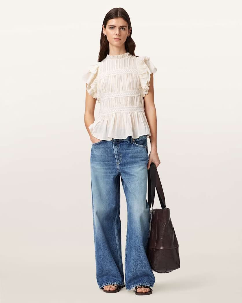 AllSaints Harriet Short Sleeve Ruched Relaxed Fit Top Women's Dove White Women's