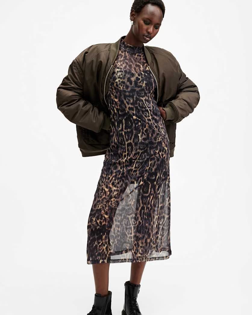AllSaints Hanna Mesh Animal Print Midi Dress Women's Jinx Golden Brown Women's