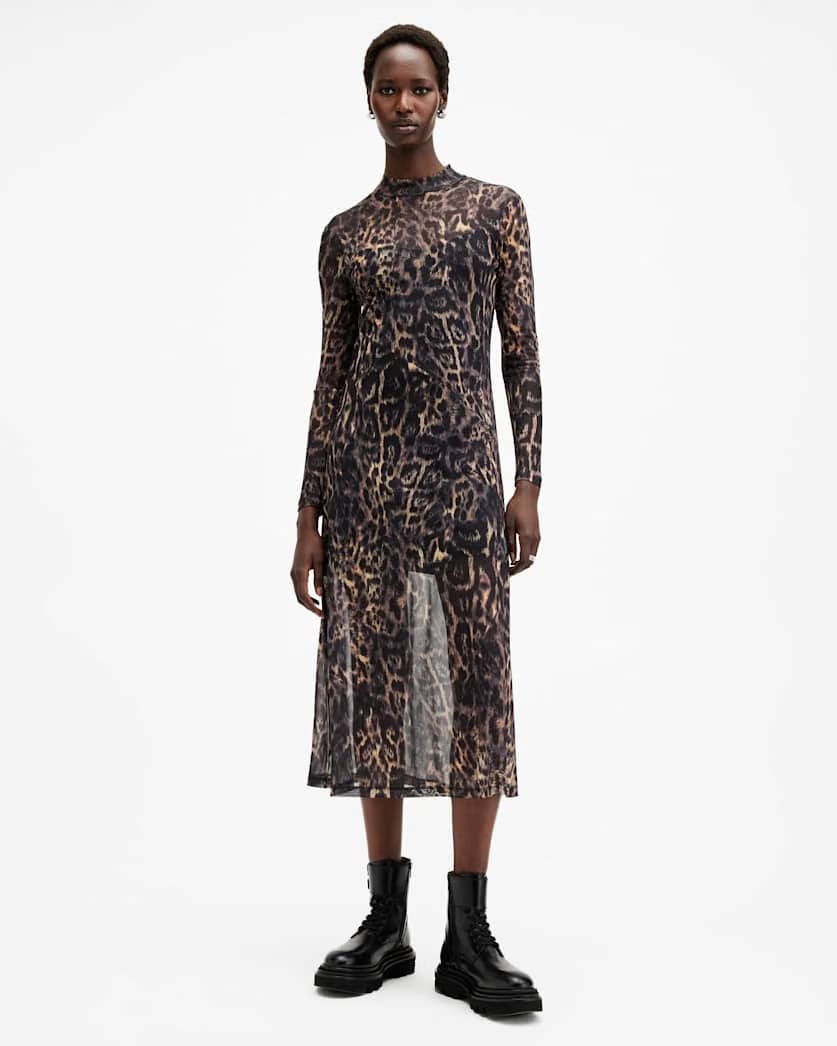 AllSaints Hanna Mesh Animal Print Midi Dress Women's Jinx Golden Brown Women's