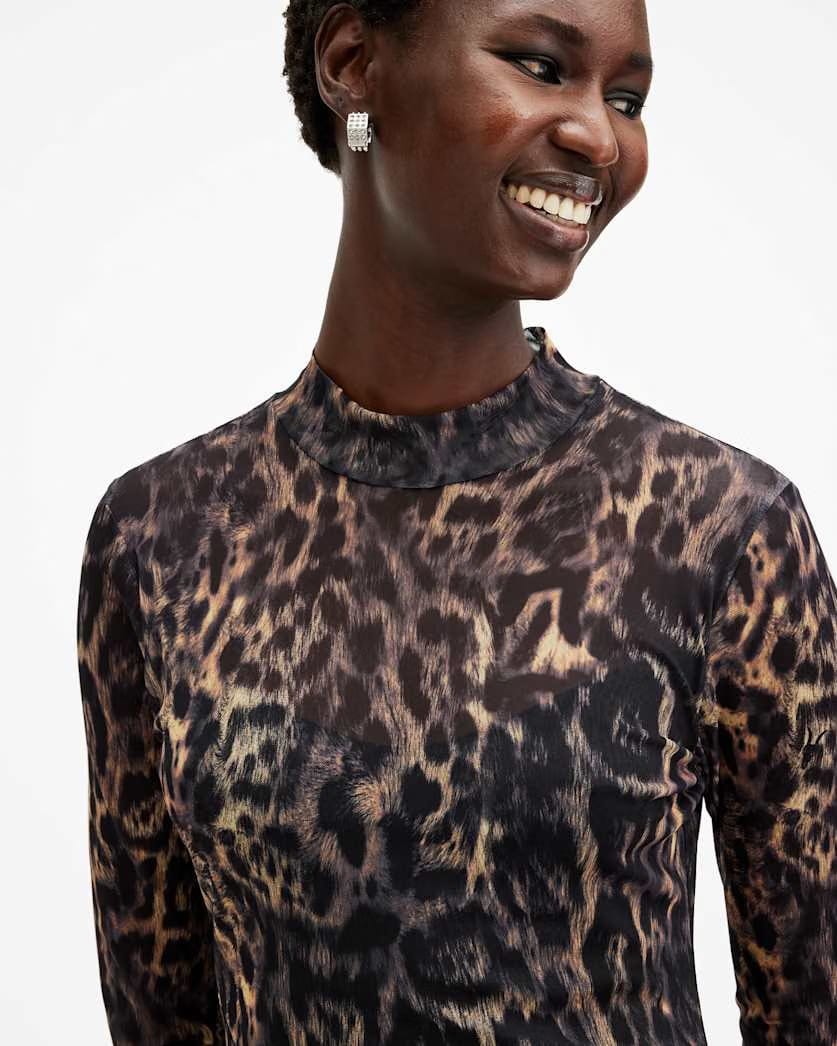 AllSaints Hanna Mesh Animal Print Midi Dress Women's Jinx Golden Brown Women's