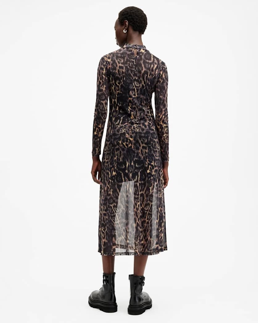 AllSaints Hanna Mesh Animal Print Midi Dress Women's Jinx Golden Brown Women's