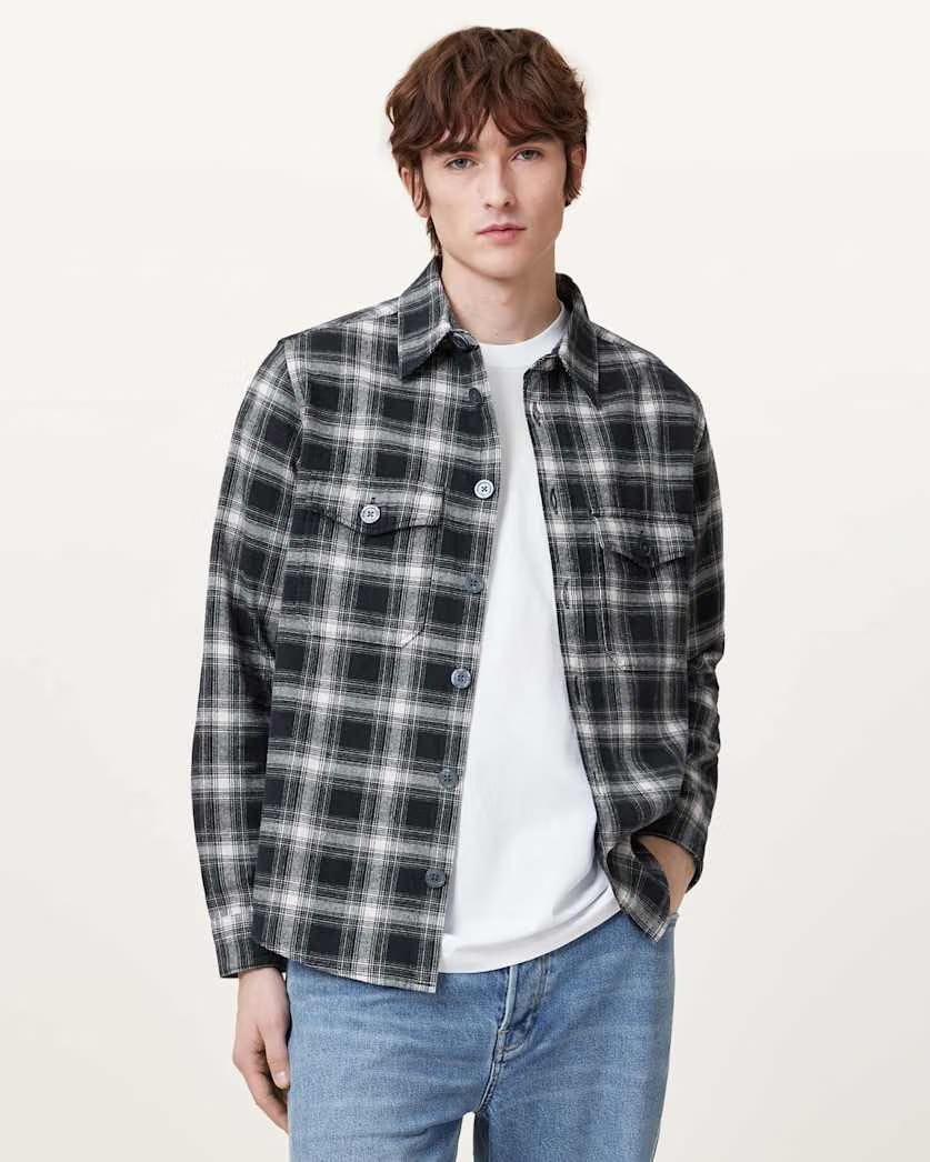 AllSaints Hamura Checked Relaxed Fit Shirt Black