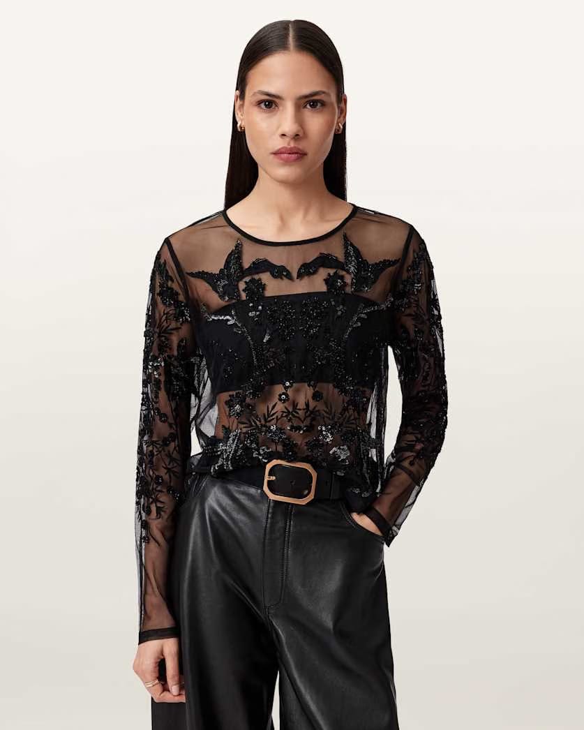 AllSaints Greta Embellished Tulle Top Women's Black Women's
