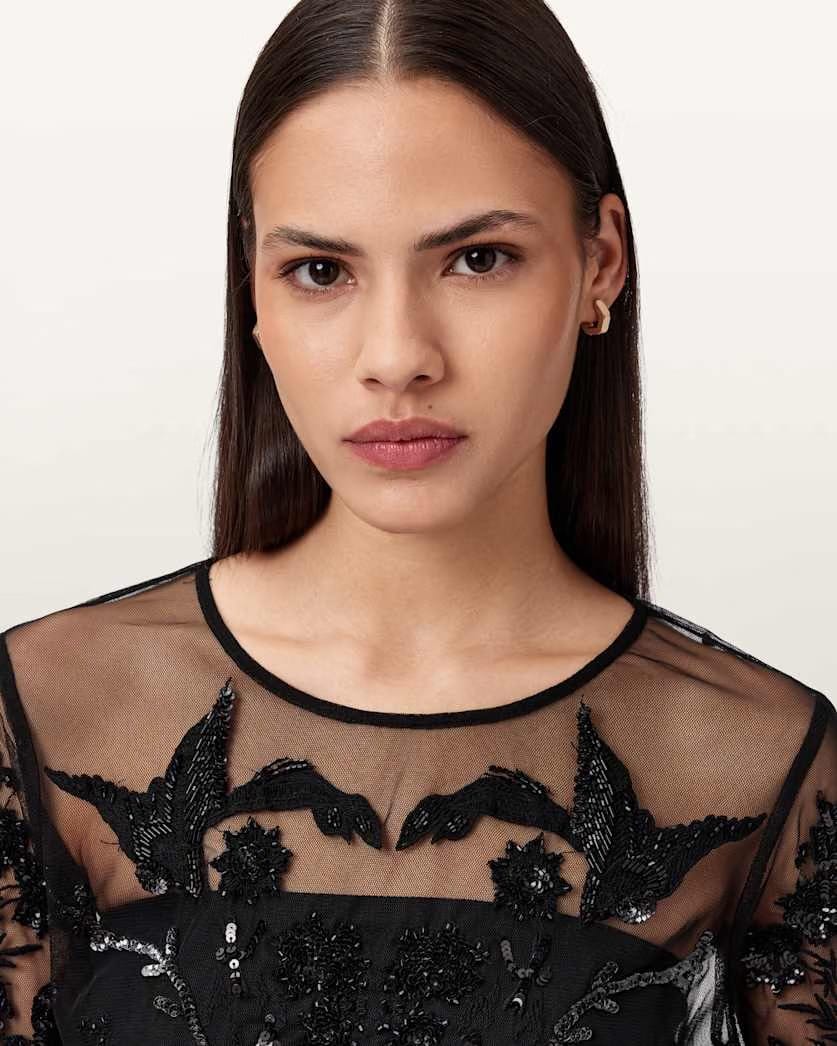 AllSaints Greta Embellished Tulle Top Women's Black Women's