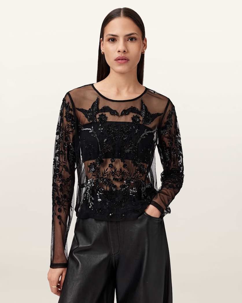 AllSaints Greta Embellished Tulle Top Women's Black Women's