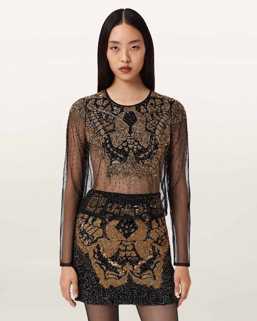 AllSaints Greta Butterfly Embellished Top Women's Black/Gold Women's
